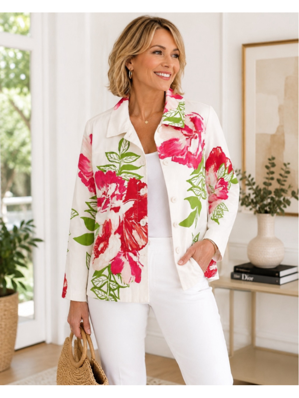 Chico’s Floral Jacket Size Large White Pink Green Cotton Blend Blazer Spring